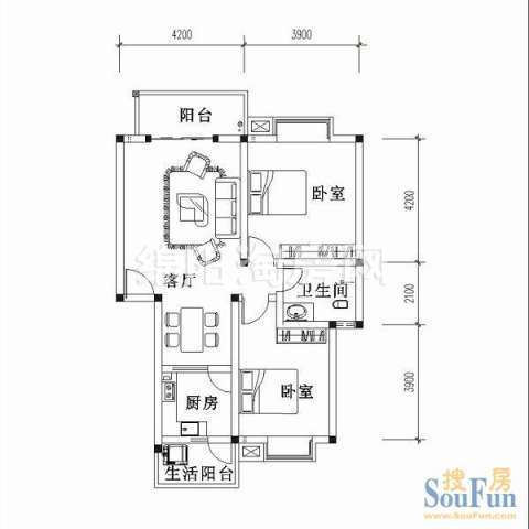 H 2室2厅1卫 87.55㎡户型图