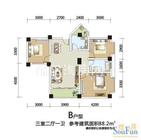 芙蓉金座 B 3室2厅1卫1厨88.20㎡.jpg户型图