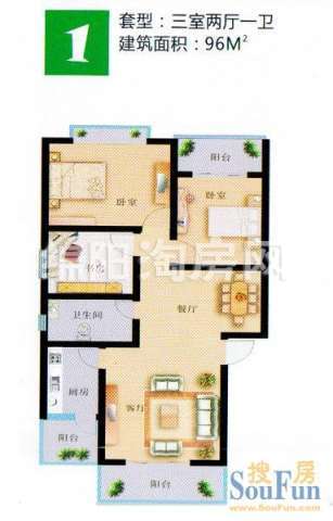 高新假日 高新假日户型1 3室2厅1卫1厨96㎡.jpg户型图