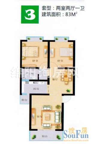 高新假日 高新假日户型3 2室2厅1卫1厨83㎡.jpg户型图