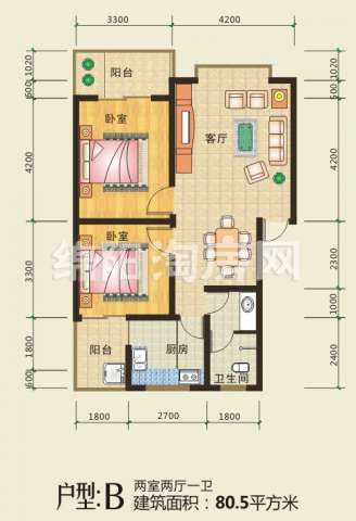 B型室2厅1卫80.5平户型图