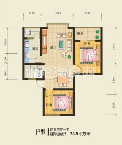 I型2室2厅1卫74.5平户型图