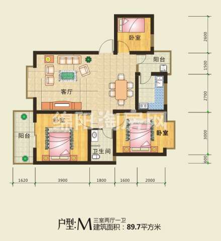 M型3室2厅1卫89.7平户型图
