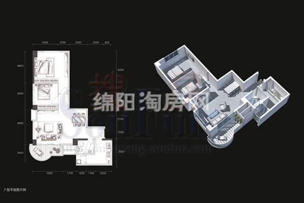 2室2厅1卫    91㎡户型图