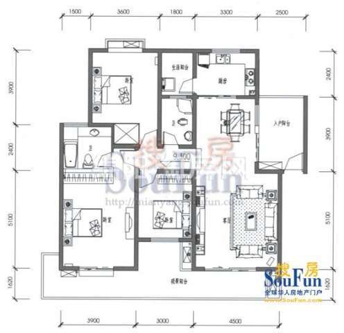 布鲁斯国际新城 A-1户型 3室2厅2卫1厨121.40㎡.jpg户型图