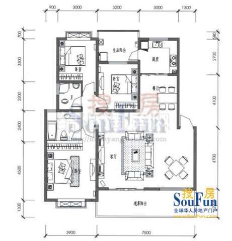 布鲁斯国际新城 B2-1户型 3室2厅2卫1厨126.85㎡.jpg户型图