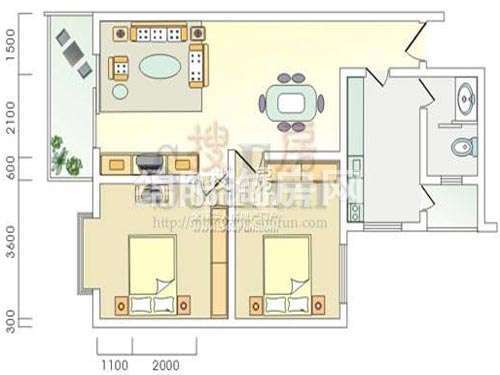 江畔首府 A1户型 2室2厅1卫1厨92㎡.jpg户型图