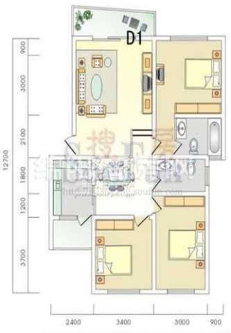 江畔首府 F1户型3-2-2 3室2厅2卫1厨.jpg户型图