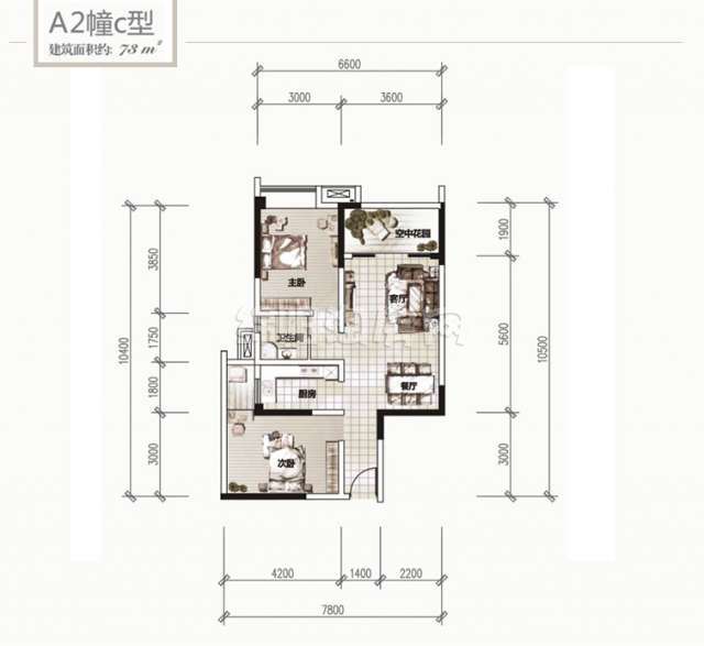 A2幢c型 两室两厅一卫 73平米户型图