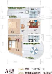 户型A  二室二厅一卫 80平米