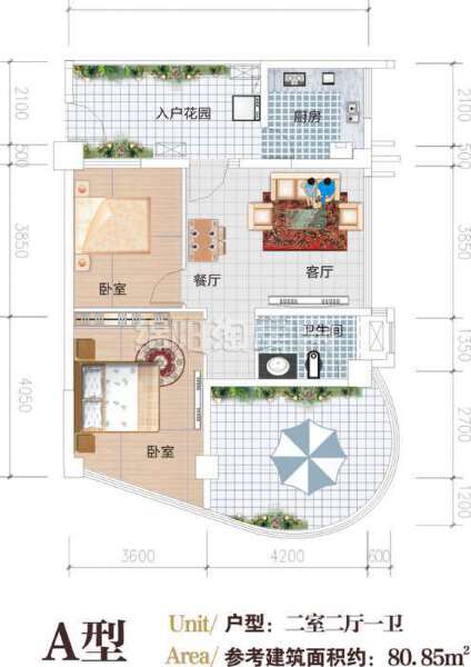 户型A  二室二厅一卫 80平米户型图