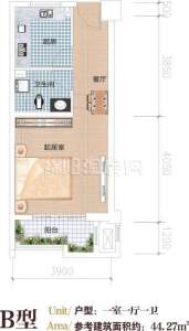 户型B  一室一厅一卫  44平米