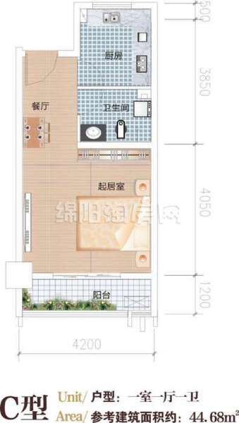 户型C  一室一厅一卫  44平米户型图