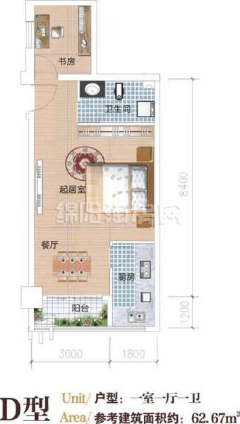 户型D  一室一厅一卫  62平米户型图
