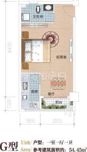 户型G  一室一厅一卫  54平米