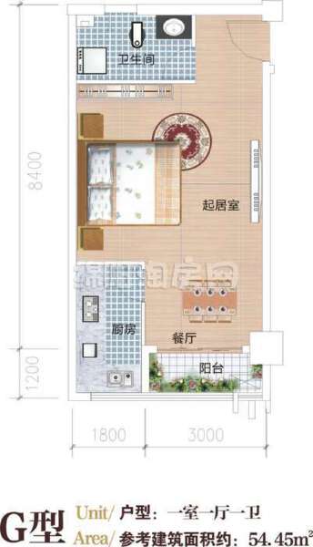 户型G  一室一厅一卫  54平米户型图