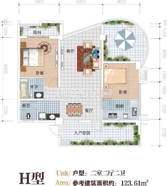 户型H  二室二厅二卫  123平米户型图
