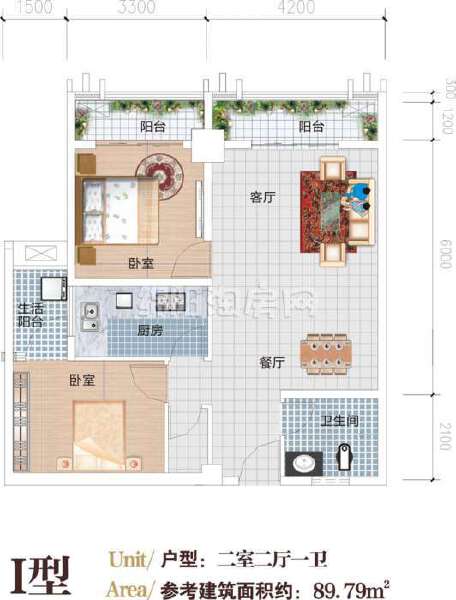 户型I  二室二厅一卫  89平米户型图