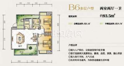 B6多层户型  两室两厅一卫  93平米