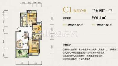 C1多层户型  三室两厅一卫  91平米