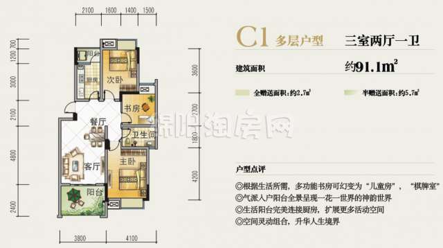 C1多層戶型  三室兩廳一衛(wèi)  91平米戶型圖