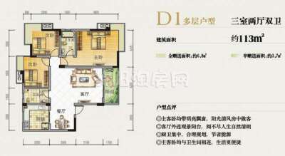 D1多层户型  三室两厅两卫  113平米