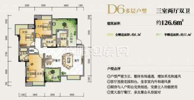 D6多层户型 三室两厅两卫 126平米