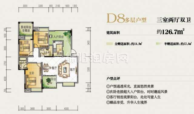 D8多层户型  三室两厅两卫  126平米户型图