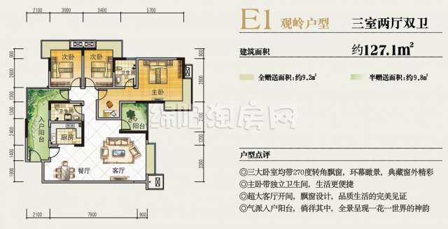 E1观岭户型  三室两厅两卫  127平米户型图