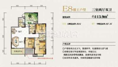 E8楼王户型  三室两厅两卫  113平米