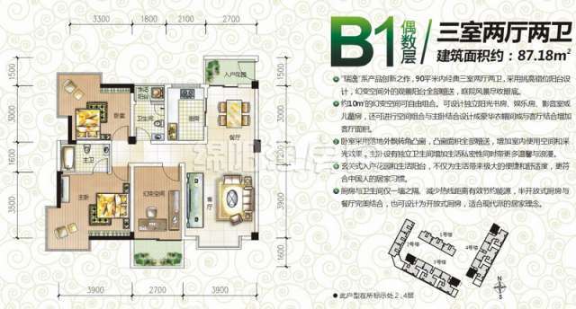 户型B1偶数层 三室两厅两卫 87平米户型图