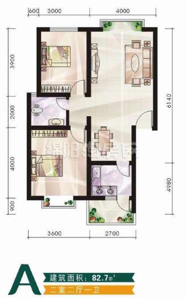 A 二室二厅一卫 82.7㎡户型图