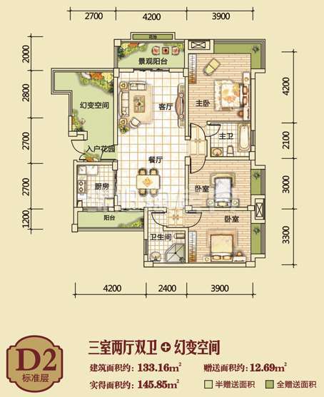 D2标准层  三室二厅二卫  133㎡户型图