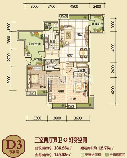 D3标准层  三室二厅二卫  136㎡户型图