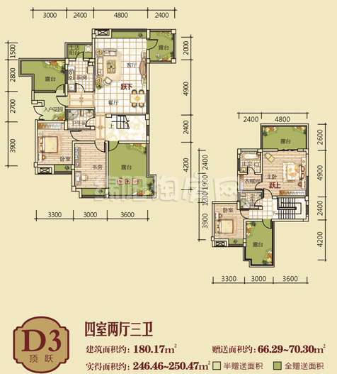 D3顶跃  四室二厅三卫  180㎡户型图