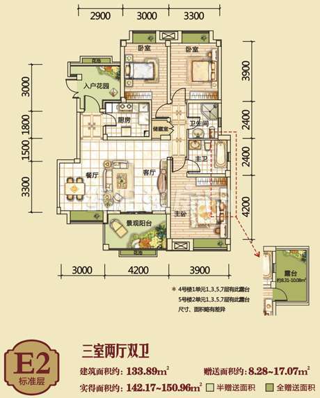 E2标准层  三室二厅二卫  133㎡户型图