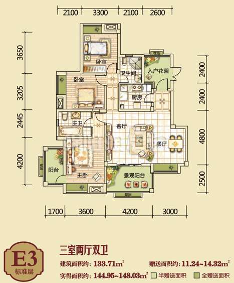 E3标准层  三室二厅二卫 133㎡户型图