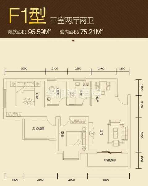 F1型  三室二厅二卫  95平米户型图