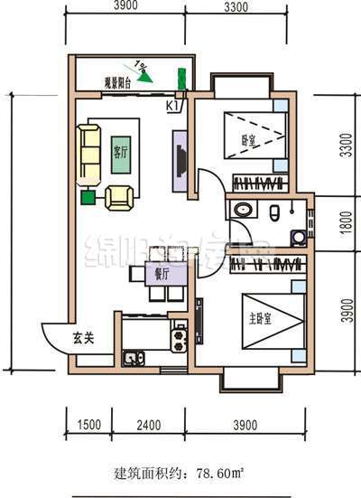 两室两厅一卫  78.6平米户型图