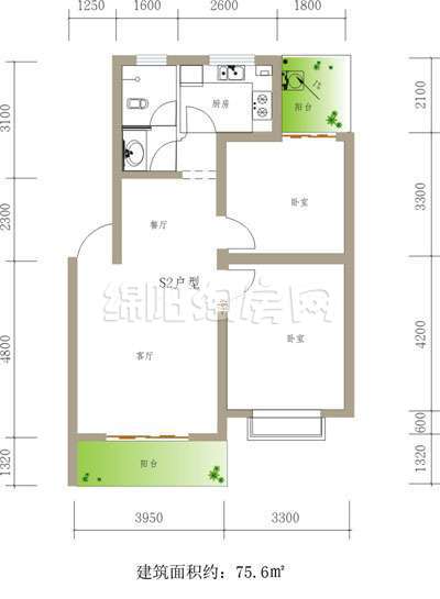  两室两厅一卫  75.6平米户型图