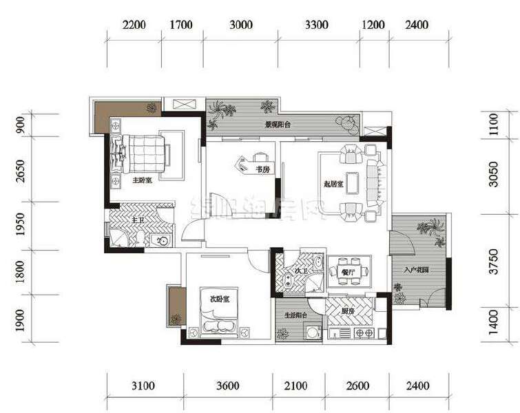 高层A两室两厅一卫86.45平米实得99.18平米户型图