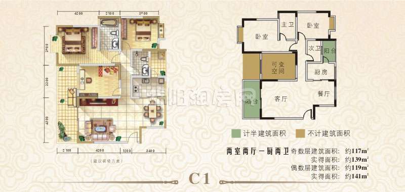 C1-2室2厅2卫-117-119平米户型图