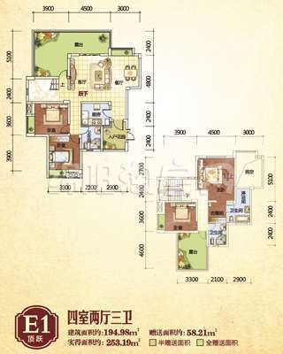 倍特2期E1标准 四室两厅双卫户型图