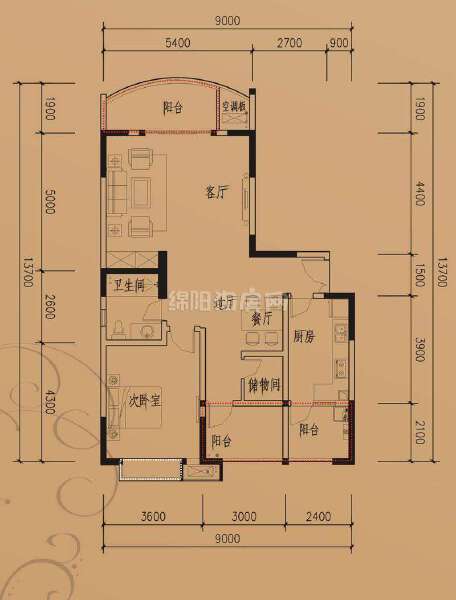 C5 1室1厅1卫 103.9㎡户型图