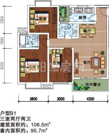 B1 三室两厅两卫 106.5㎡户型图