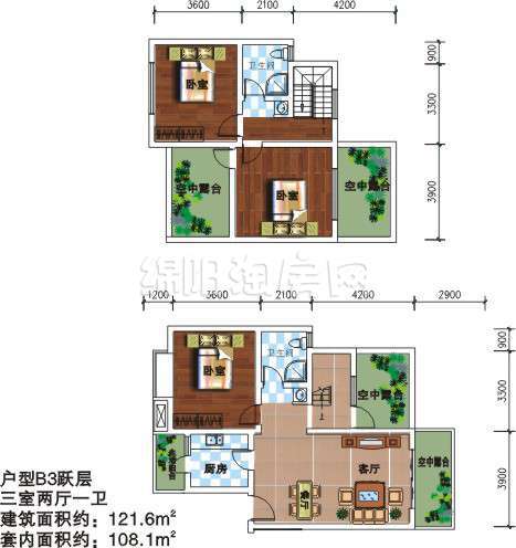 B3跃层 三室两厅一卫 121.6㎡户型图