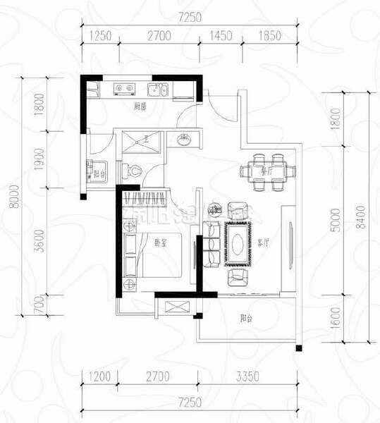 K户型 一室二厅一卫 57平米户型图