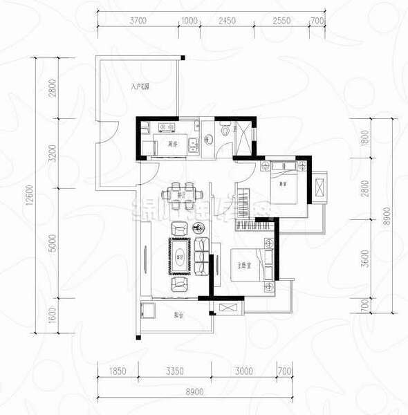 L户型 二室二厅一卫 82平米户型图