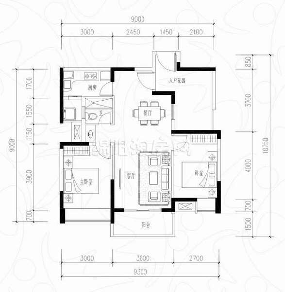 R户型 二室二厅一卫 88平米户型图