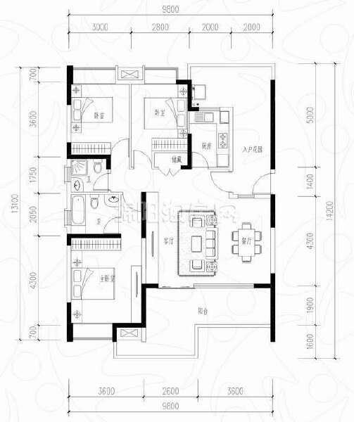 S户型 三室二厅二卫 135平米户型图